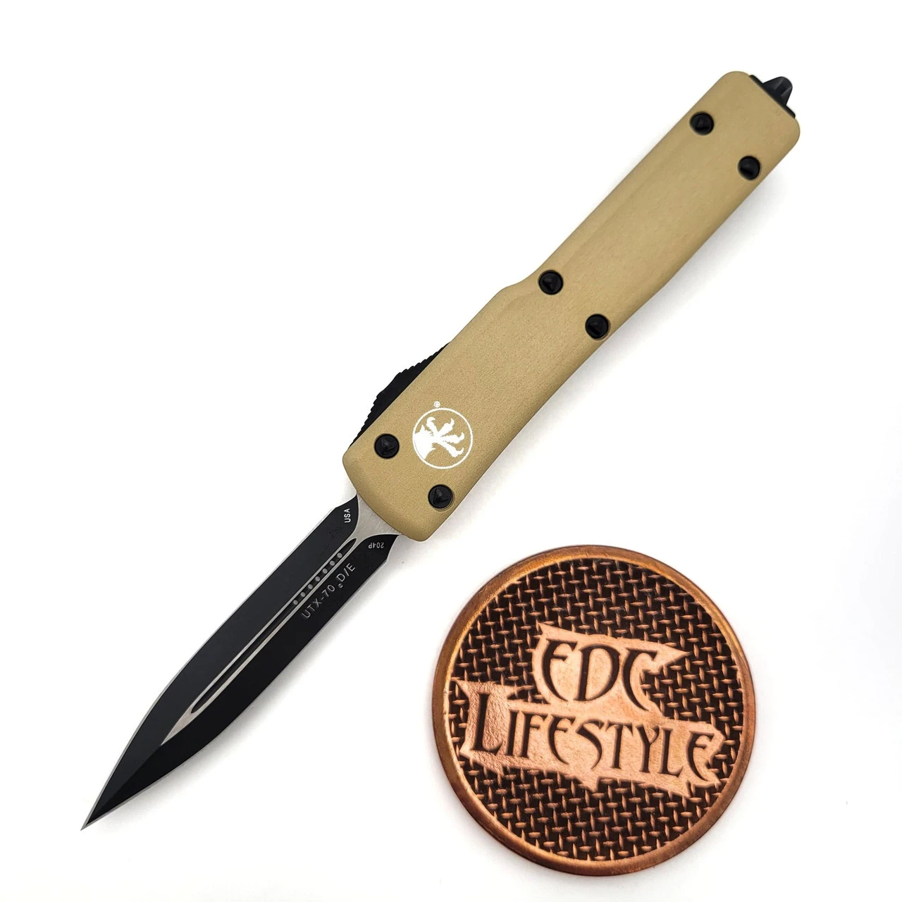 Microtech UTX-70 147-1CG Champagne Gold Double Edge Black Standard 1 Microtech UTX-70 147-1CG Champagne Gold Double Edge Black Standard