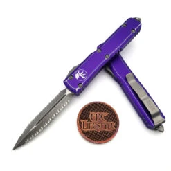 Microtech Ultratech 122-D12DPU Distressed Purple Double Full Serrated Double Edge Apocalyptic