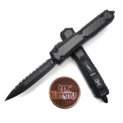 Microtech Makora 206-3TCFIS Black Tactical Double Edge Full Serrated Carbon Fiber Inlays