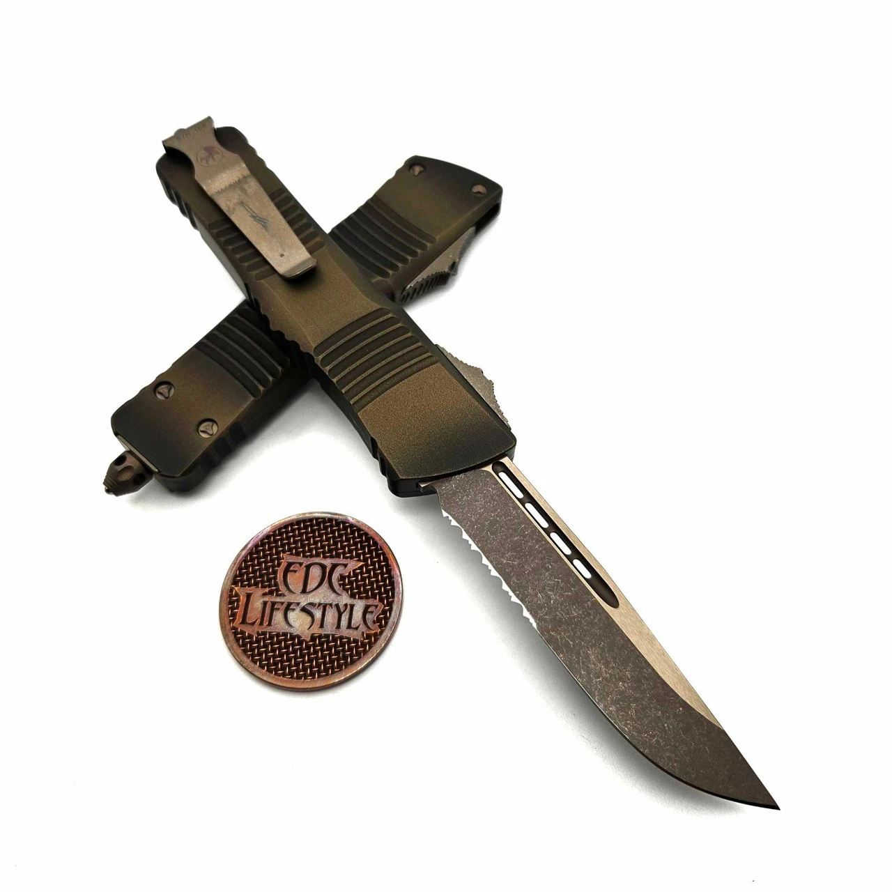 Microtech 143-14APABS Combat Troodon Antique Bronze Handle Single Edge Partial Serrated Bronze Apocalyptic Blade & Hardware 6 Microtech 143-14APABS Combat Troodon Antique Bronze Handle Single Edge Partial Serrated Bronze Apocalyptic Blade & Hardware - Image 6