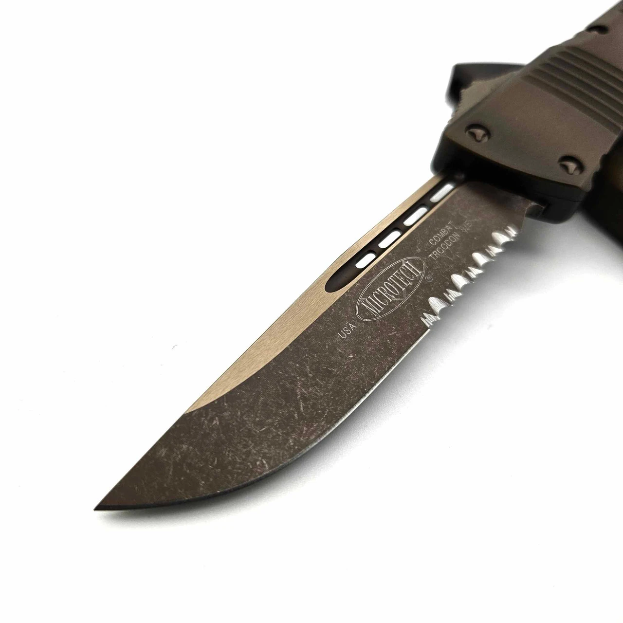 Microtech 143-14APABS Combat Troodon Antique Bronze Handle Single Edge Partial Serrated Bronze Apocalyptic Blade & Hardware 8 Microtech 143-14APABS Combat Troodon Antique Bronze Handle Single Edge Partial Serrated Bronze Apocalyptic Blade & Hardware - Image 8