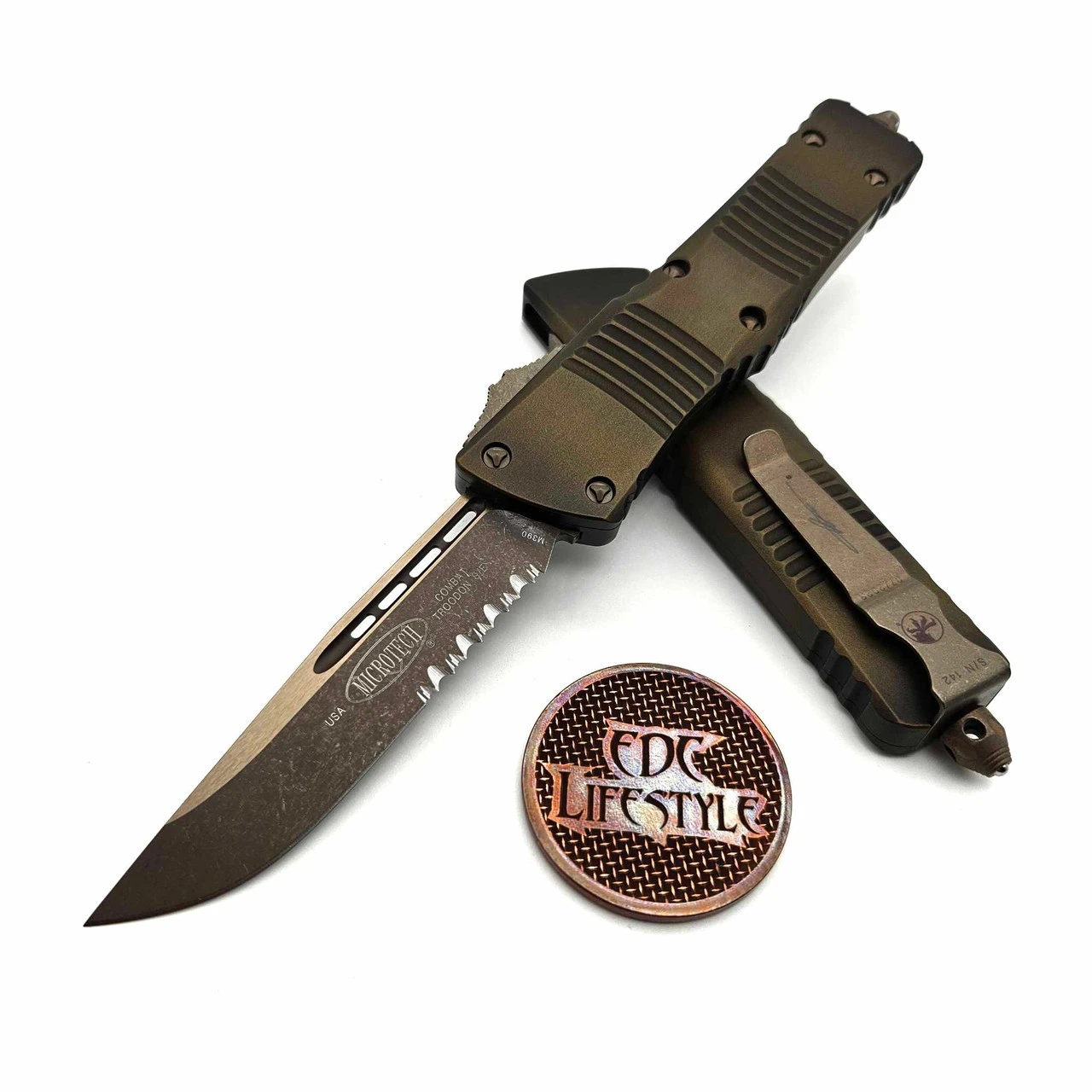 Microtech 143-14APABS Combat Troodon Antique Bronze Handle Single Edge Partial Serrated Bronze Apocalyptic Blade & Hardware 2 Microtech 143-14APABS Combat Troodon Antique Bronze Handle Single Edge Partial Serrated Bronze Apocalyptic Blade & Hardware - Image 2