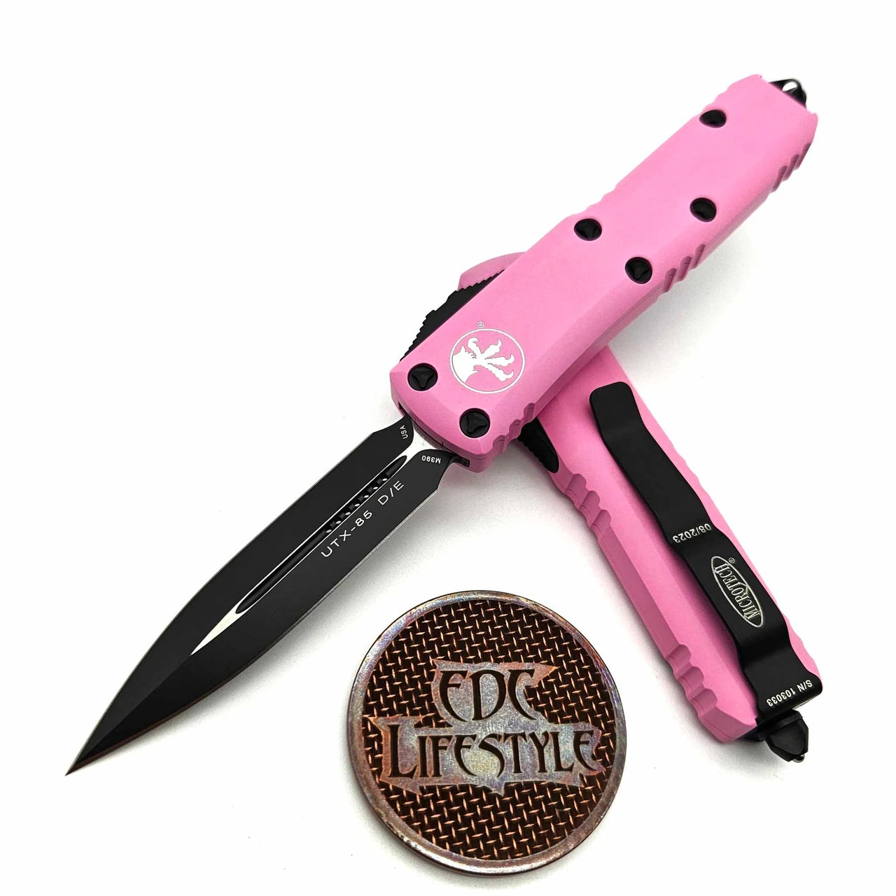 Microtech UTX-85 232-1BPK Cerakote Blasted Pink Double Edge Black Standard 1 Microtech UTX-85 232-1BPK Cerakote Blasted Pink Double Edge Black Standard