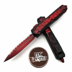 Microtech Makora 206-3BIWRDS Weathered Red Full Serrated Bubble Inlay Nickel Boron Internals