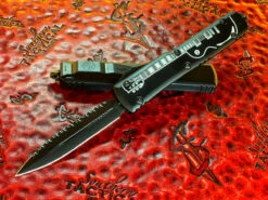 Microtech Ultratech Double Edge, Full Serrated DLC Blade, DLC Accents, NYCKS Edition W/ Deep Engraved Guitar, Signature Series Shadow