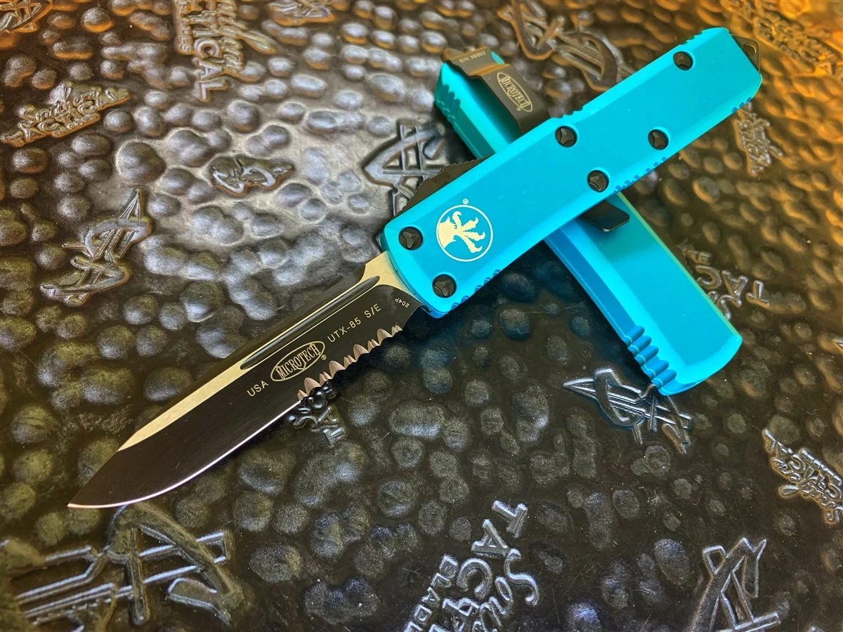 Microtech UTX-85 Single Edge Part Serrated Turquoise 1 Microtech UTX-85 Single Edge Part Serrated Turquoise