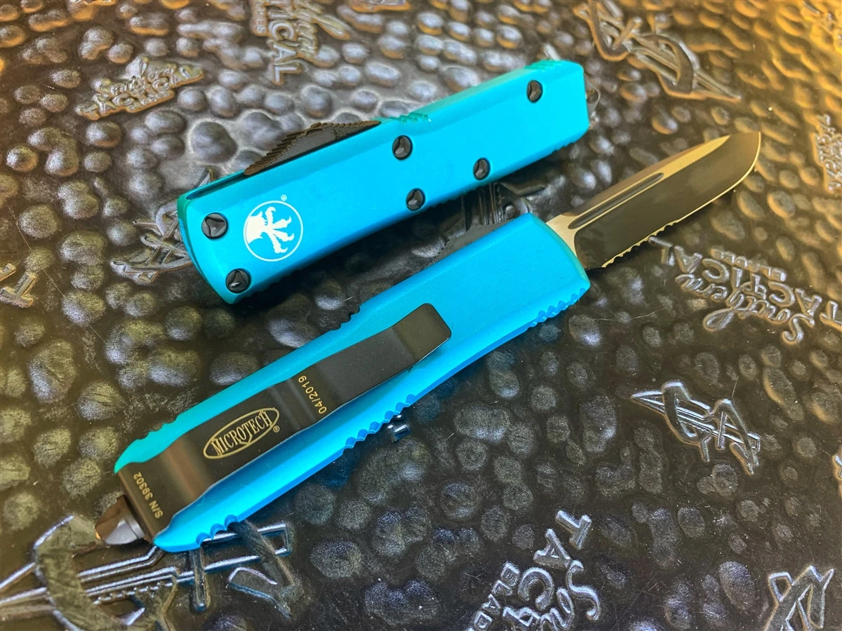 Microtech UTX-85 Single Edge Part Serrated Turquoise 2 Microtech UTX-85 Single Edge Part Serrated Turquoise - Image 2