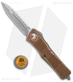 Microtech Combat Troodon D/E OTF Knife Tan Distress (3.8" Stonewash Full Serr) -Microtech Shop Microtech Combat Troodon DE Tan Distressed SW Full Serr 142 12DTA BHQ 104690 jr bottlecap