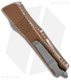 Microtech Combat Troodon D/E OTF Knife Tan Distress (3.8" Stonewash Full Serr) -Microtech Shop Microtech Combat Troodon DE Tan Distressed SW Full Serr 142 12DTA BHQ 104690 jr side