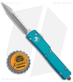 Microtech UTX-70 D/A OTF D/E Automatic Knife Turquoise (Stonewash Full Serr) -Microtech Shop Microtech UTX 70 DA OTF DE AK Turquoise SW Full Serr BHQ 98282 td size