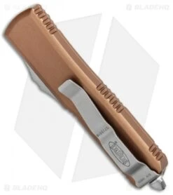 Microtech UTX-85 S/E OTF Automatic Knife Tan (3.125" Satin Serr) -Microtech Shop Microtech UTX 85 SE OTF Auto Tan Satin Serr 231 5 TA BHQ 87563 jr side