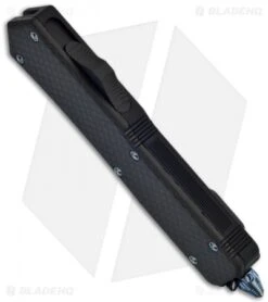 Microtech Scarab Carbon Fiber D/E OTF Knife (3.5" Blued Carbon Damascus) -Microtech Shop microtech scarab de blued carbon damascus carbonfiber blued titanium side