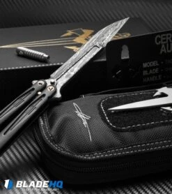 Marfione Custom Tachyon III Balisong Knife DLC Titanium (4.5" Damascus) -Microtech Shop microtech tachyon III balisong dlc ti dam sheath cm